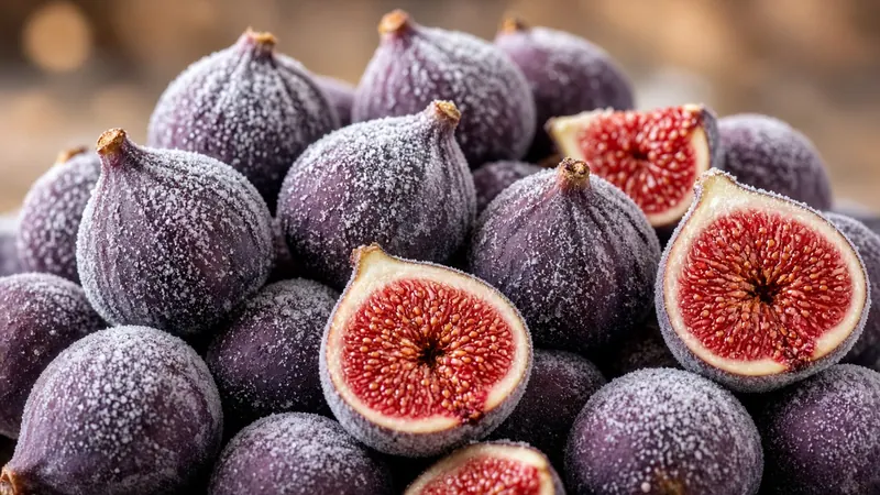 Frost-covered IQF figs, whole and halved