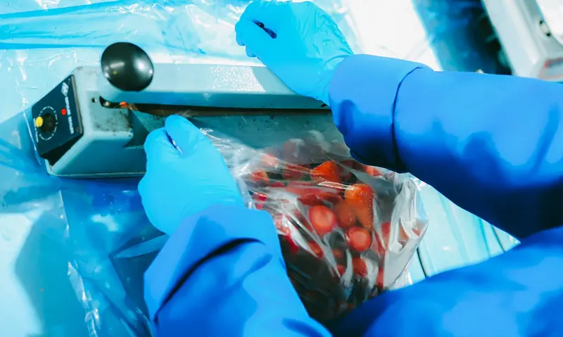 A worker sealing a bag of strawberries