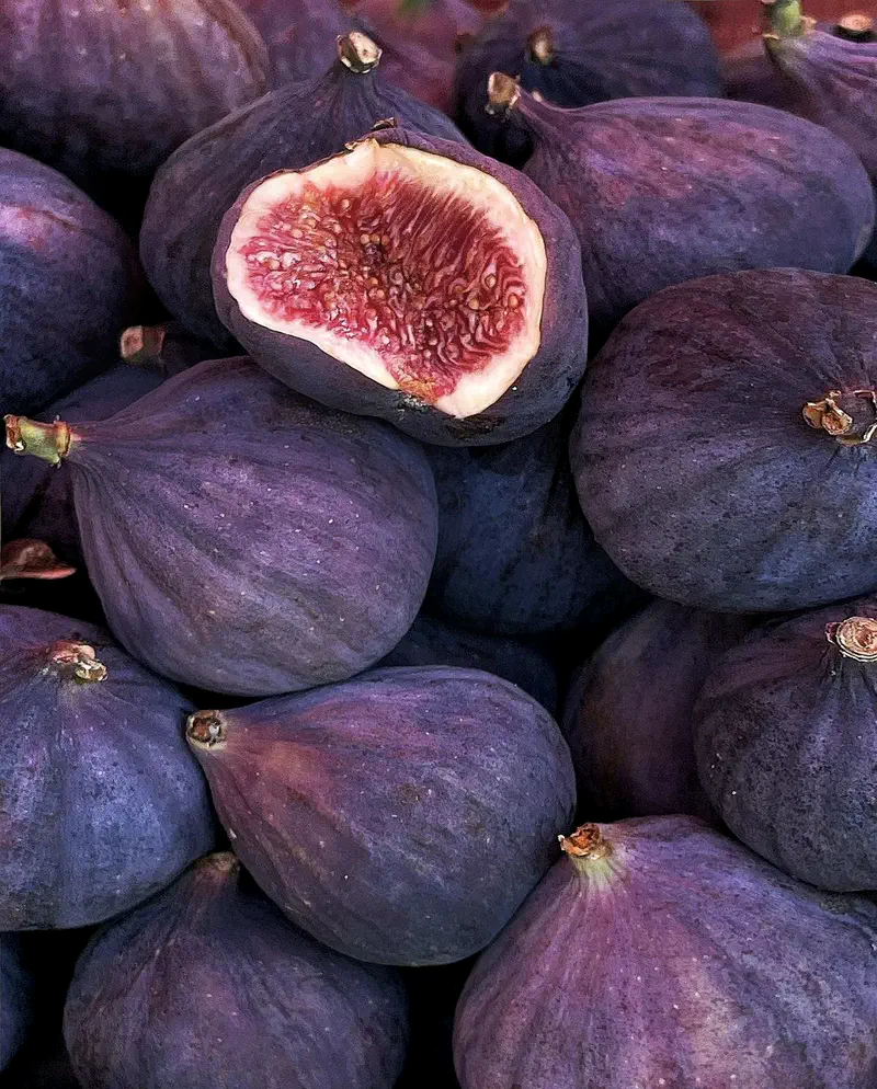 A halved fig resting on a pile of whole purple figs