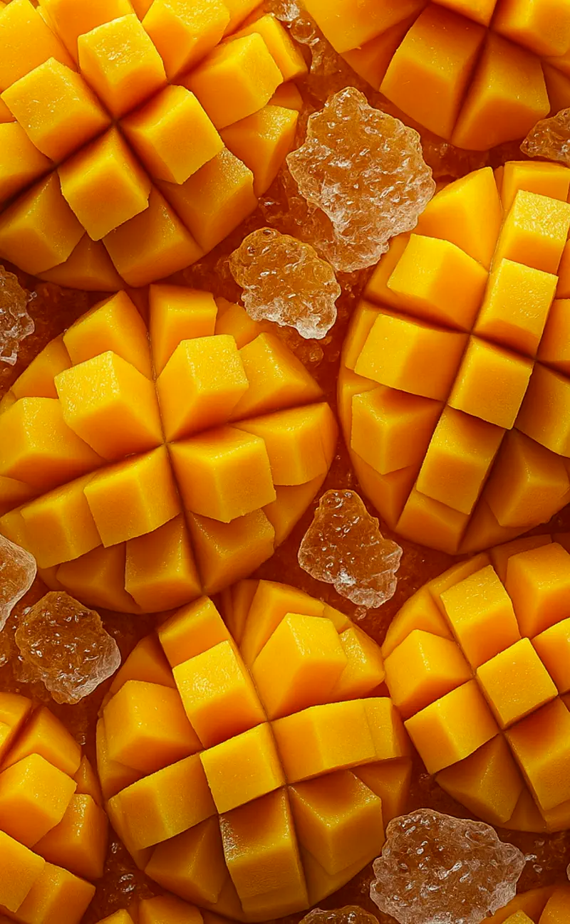 Diced mango, scored into cubes and ready for freezing