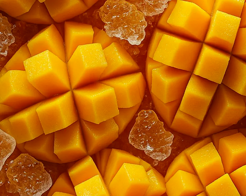 Diced mango, scored into cubes and ready for freezing