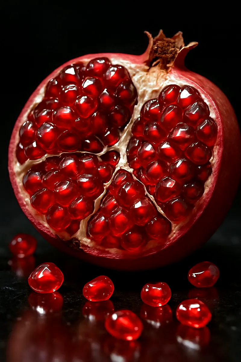 A split pomegranate with glossy red arils
