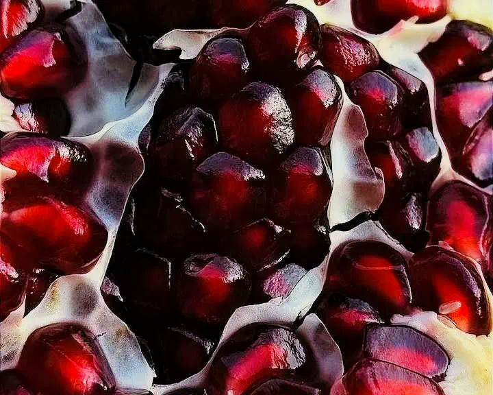 An opened pomegranate full of ruby-red arils